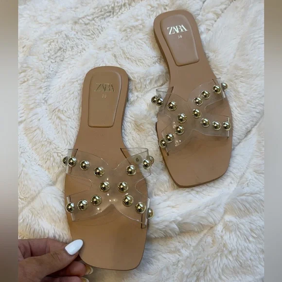 Zara Beige Clear Studded Slide Sandals - Picture 5 of 10
